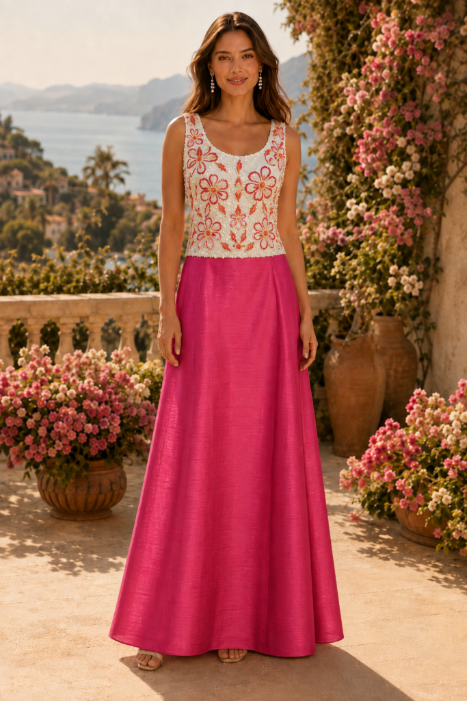 Conjunto dos piezas cuerpo lentejuelas y falda coral