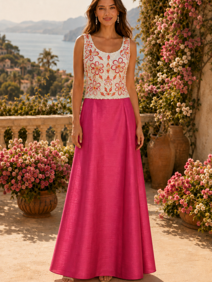 Conjunto dos piezas cuerpo lentejuelas y falda coral