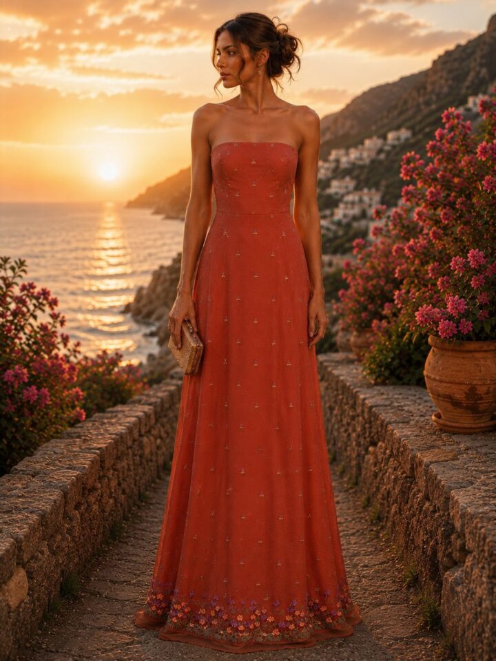 Vestido organza naranja bordada.