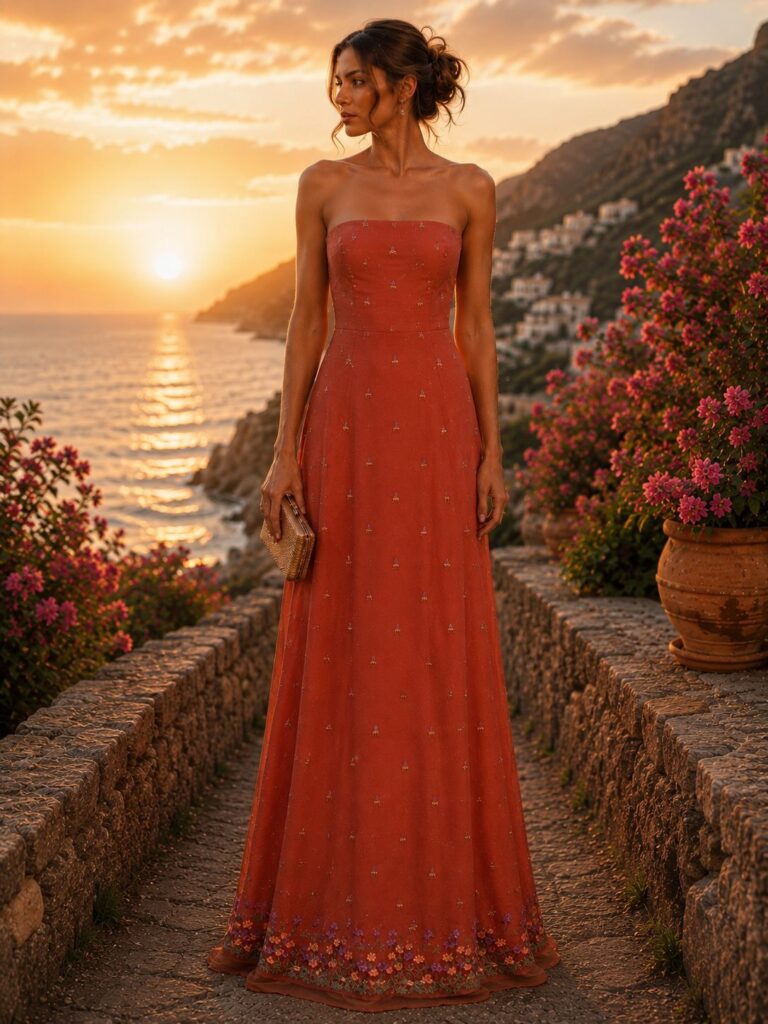 Vestido organza naranja bordada.