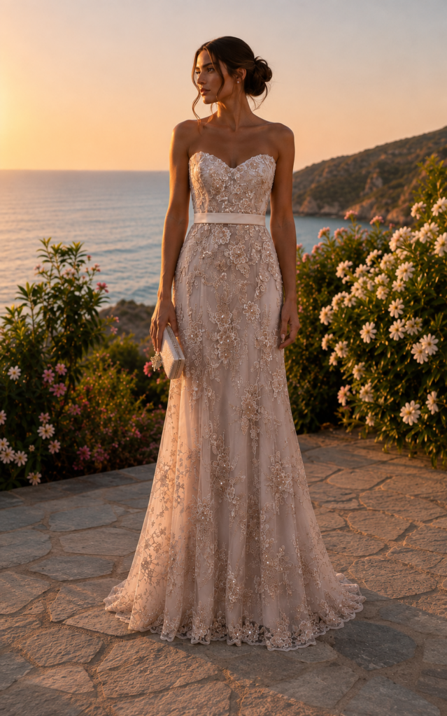 Vestido nude en blonda floral con pedrería