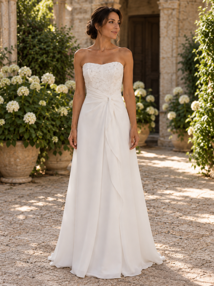 Vestido con drapeado en la cintura y encaje.