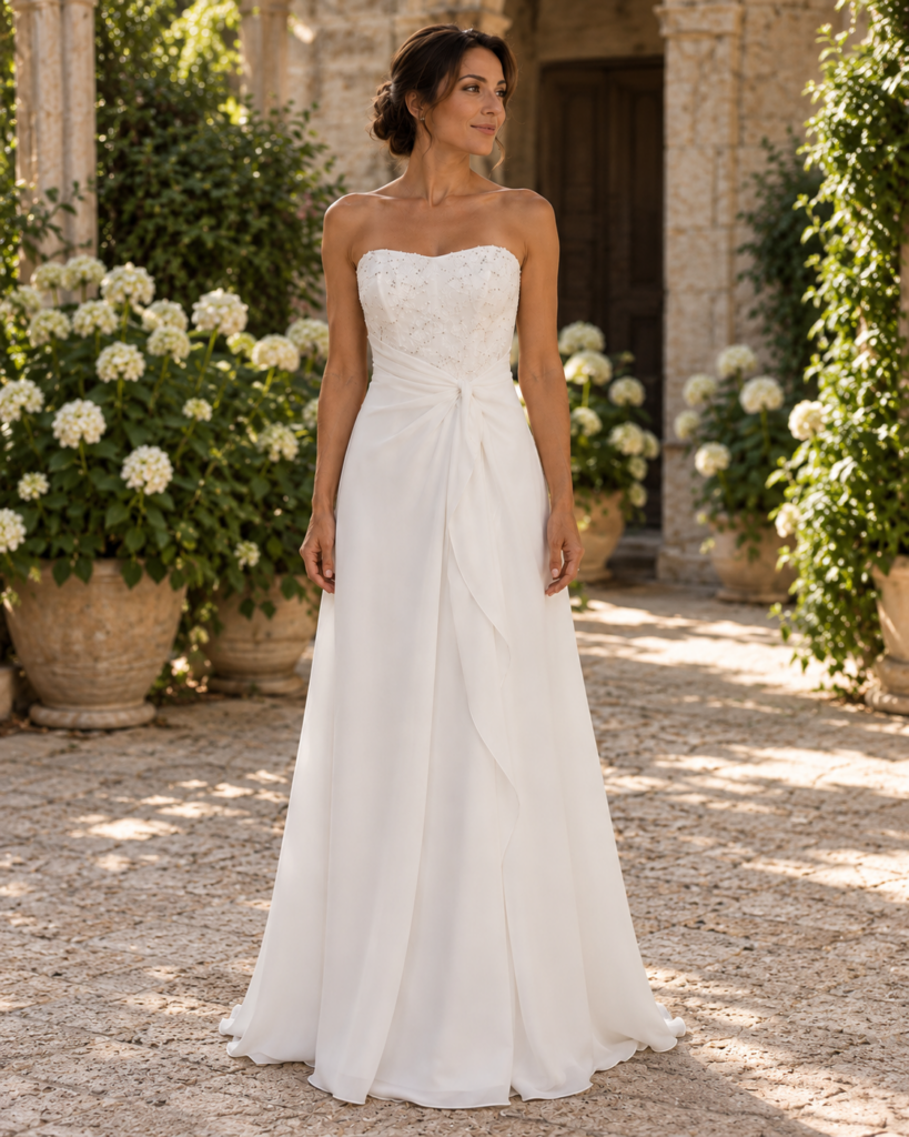 Vestido con drapeado en la cintura y encaje.