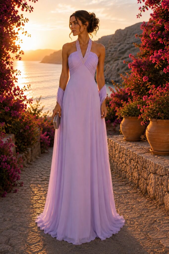 Vestido escote halter con perlas