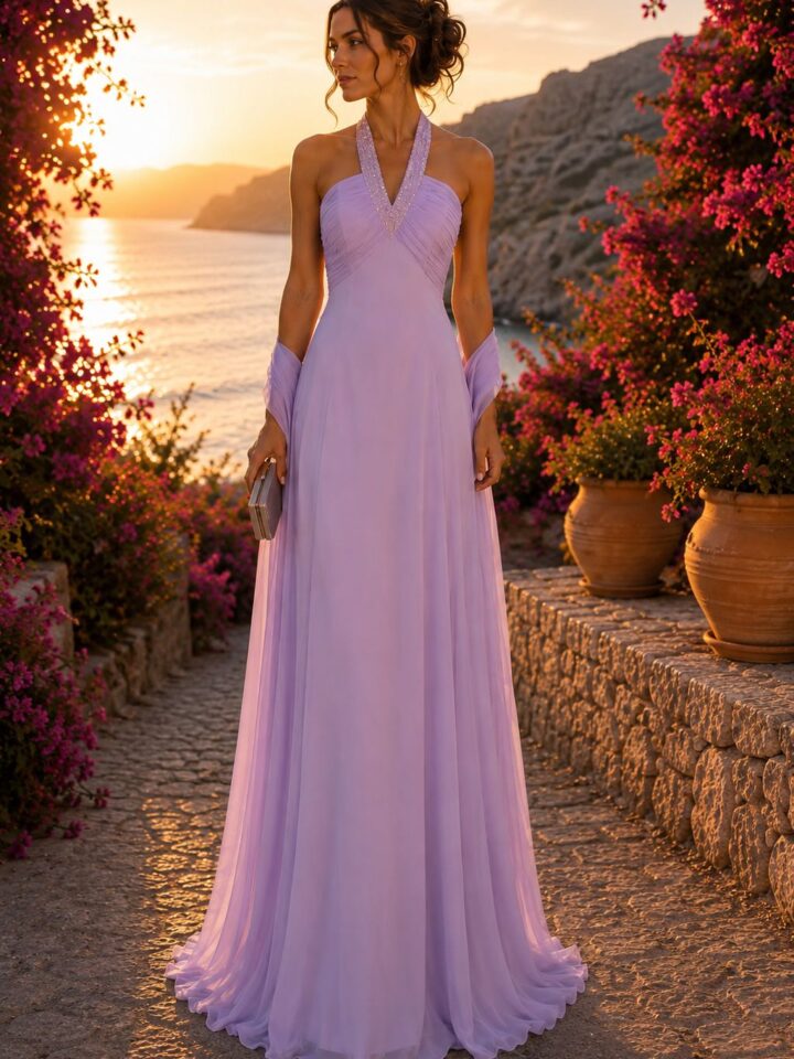 Vestido escote halter con perlas