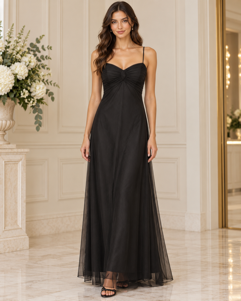 Vestido pecho drapeado en tul.