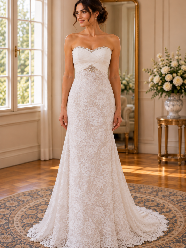 Vestido con drapeado con blonda