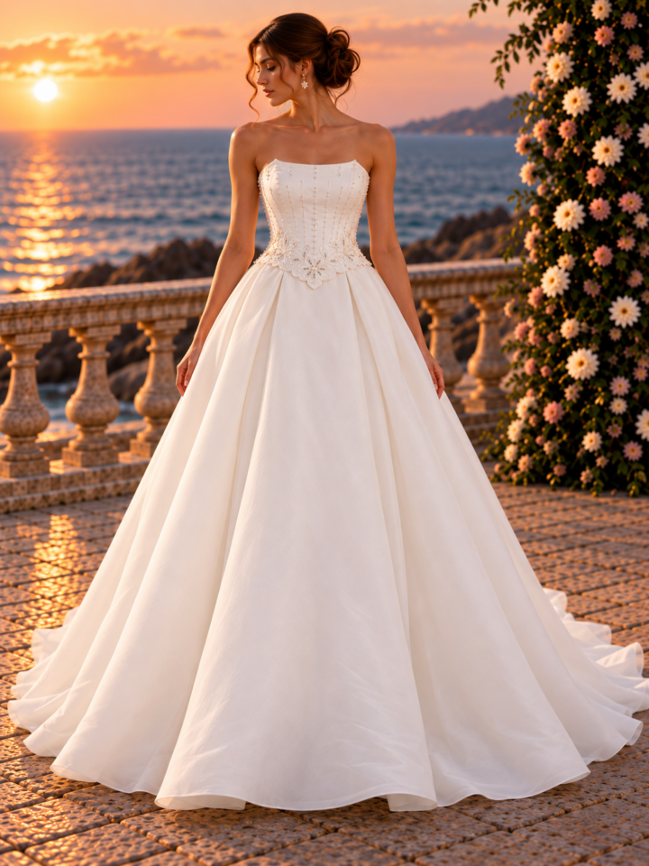 Vestido con cuerpo bordado y falda de organza