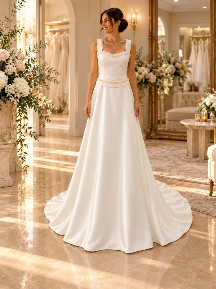 Vestido de raso con rosas de organza