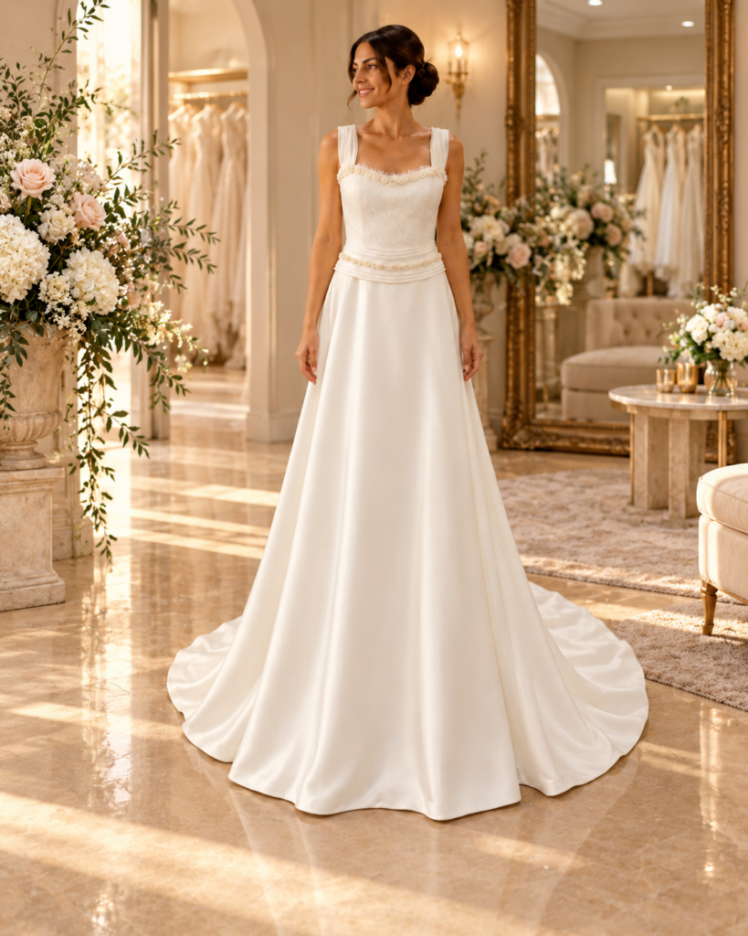 Vestido de raso con rosas de organza